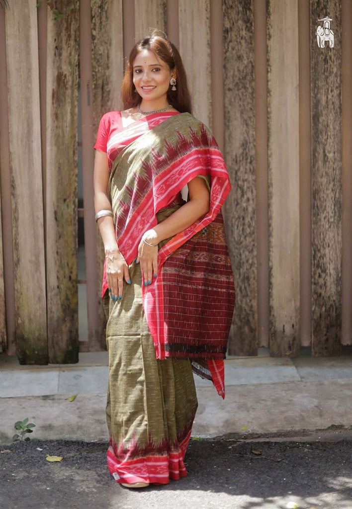 Olive Green Ikkat Cotton Saree with Red Border