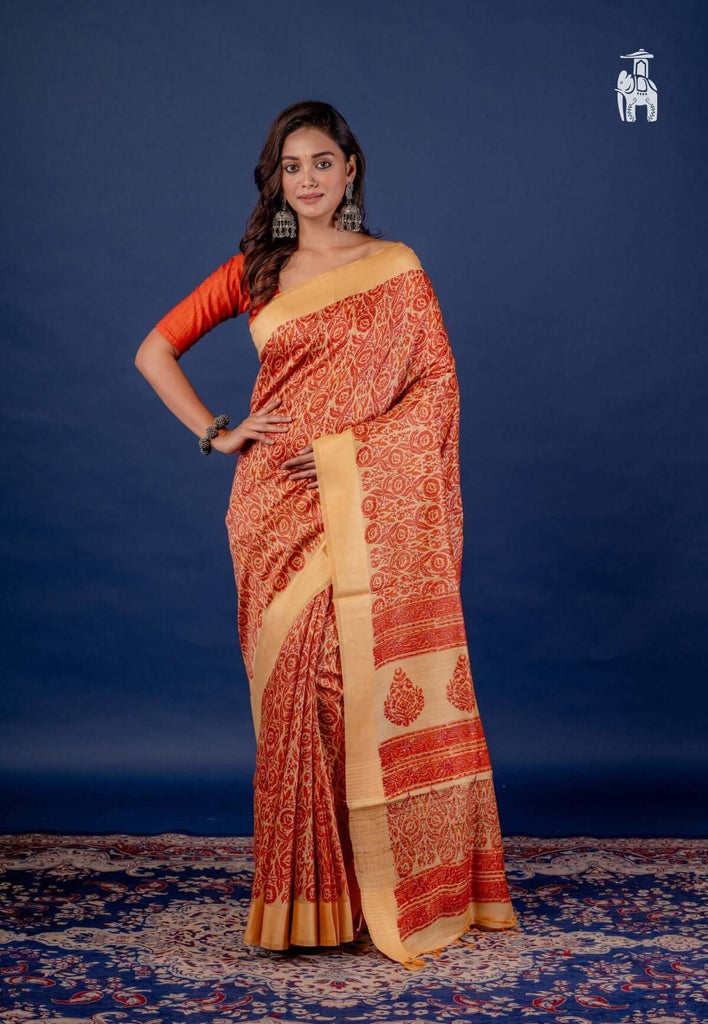 Orange Pure Tussar Pashmina Silk Saree