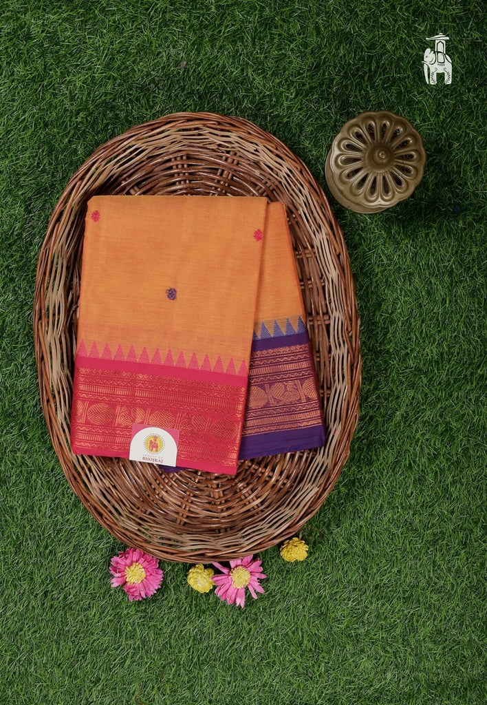Orange Cotton Kanjivaram Saree with Ganga Jamuna Border