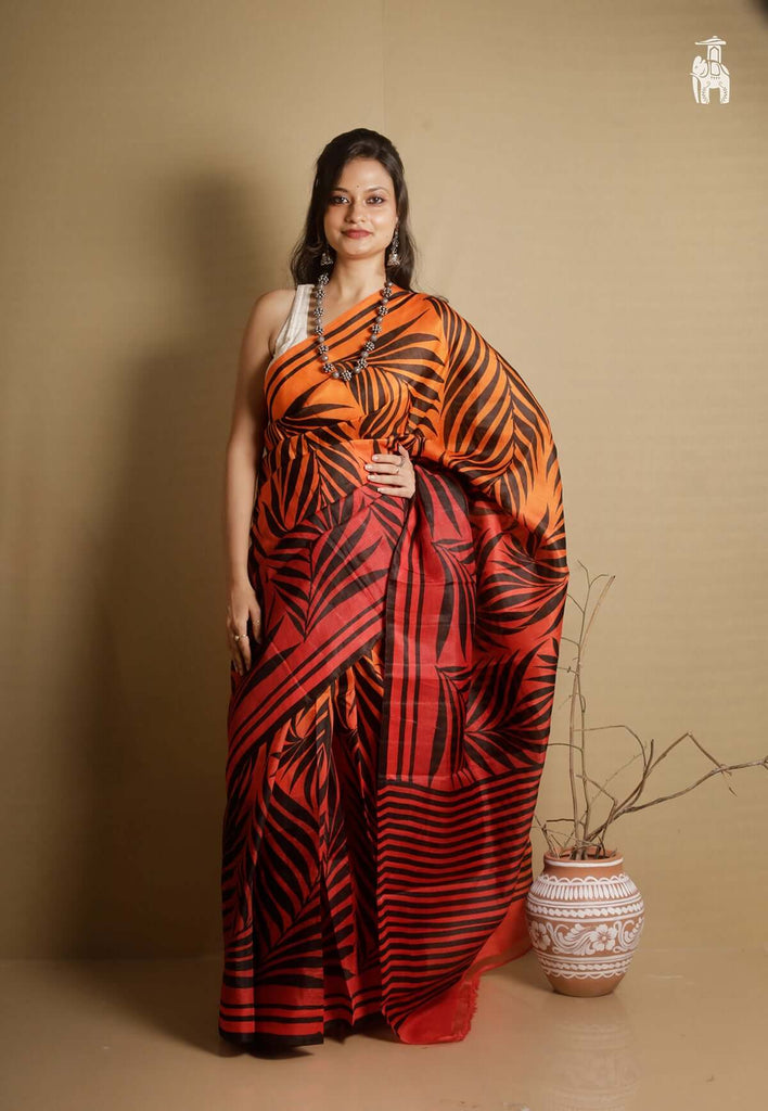 Orange Printed Pure Silk Saree with Black Design