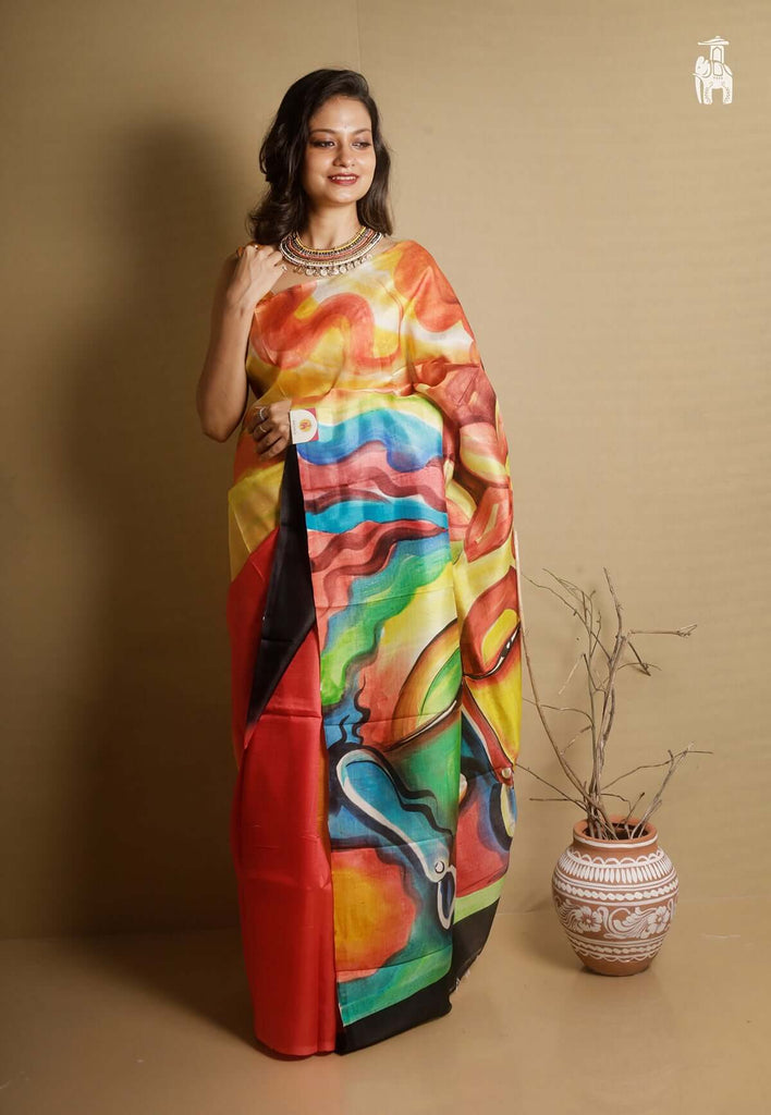 Orange Printed Pure Silk Saree with Buddha Print