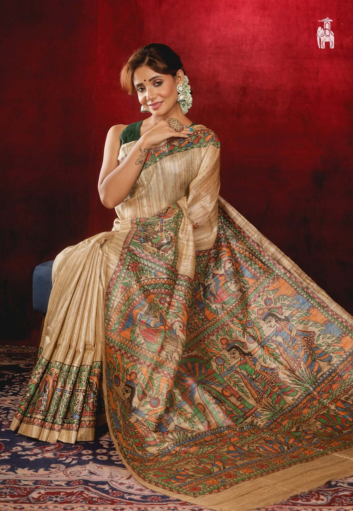 Pale Brown Madhubani Print Pure Silk Saree
