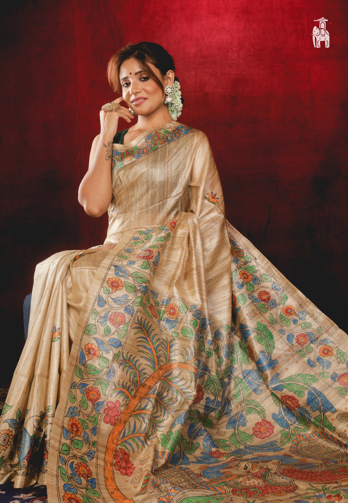 Pale Brown Madhubani Print Pure Silk Saree
