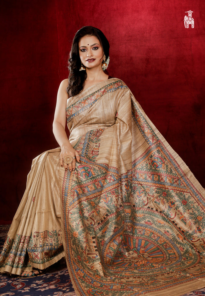 Pale Brown Madhubani Print Pure Silk Saree