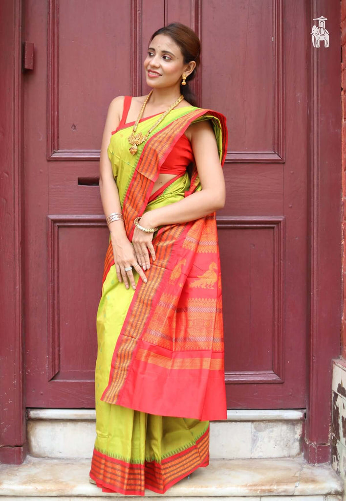 Parrot Green Kanjivaram Silk Saree with Red Border