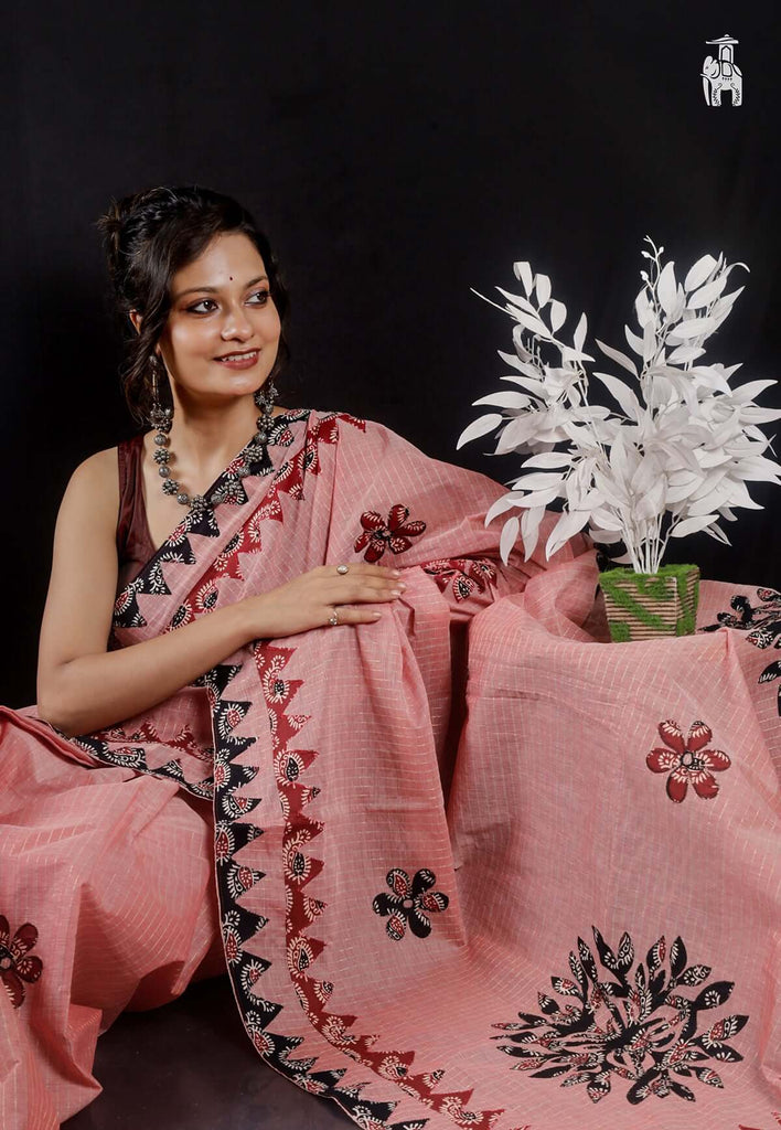 Pink Applique Work Saree with Maroon & Black Border