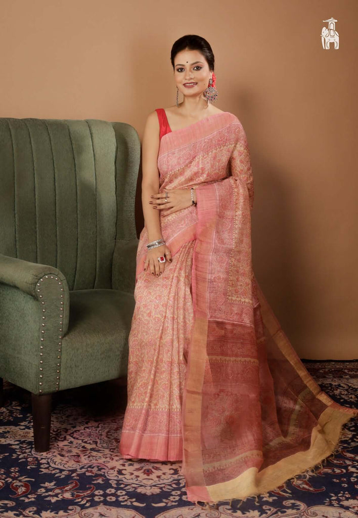 Pink Ghicha Tussar Saree with Zari Border
