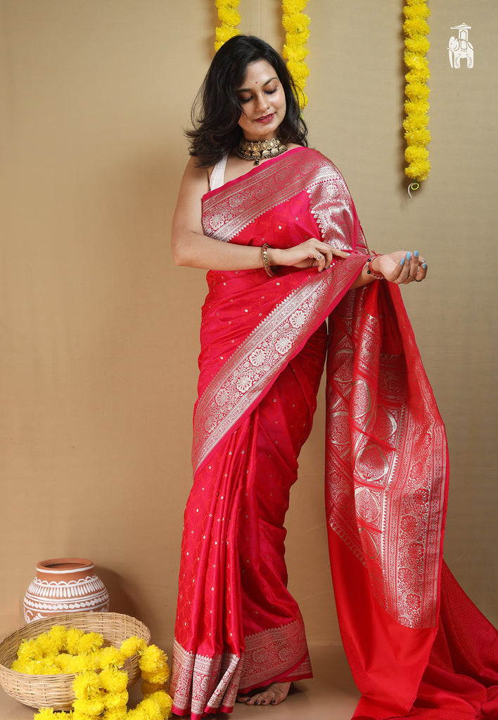 Pinkish Red Katan Silk Saree