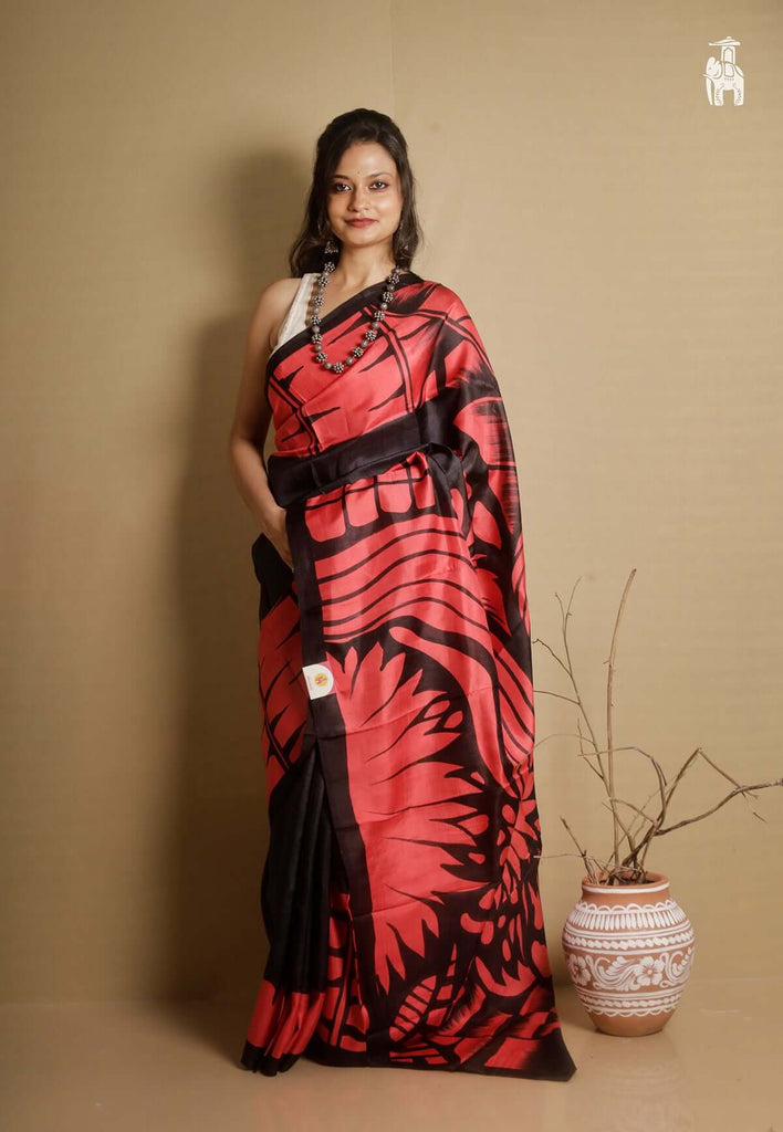Red & Black Printed Pure Silk Saree