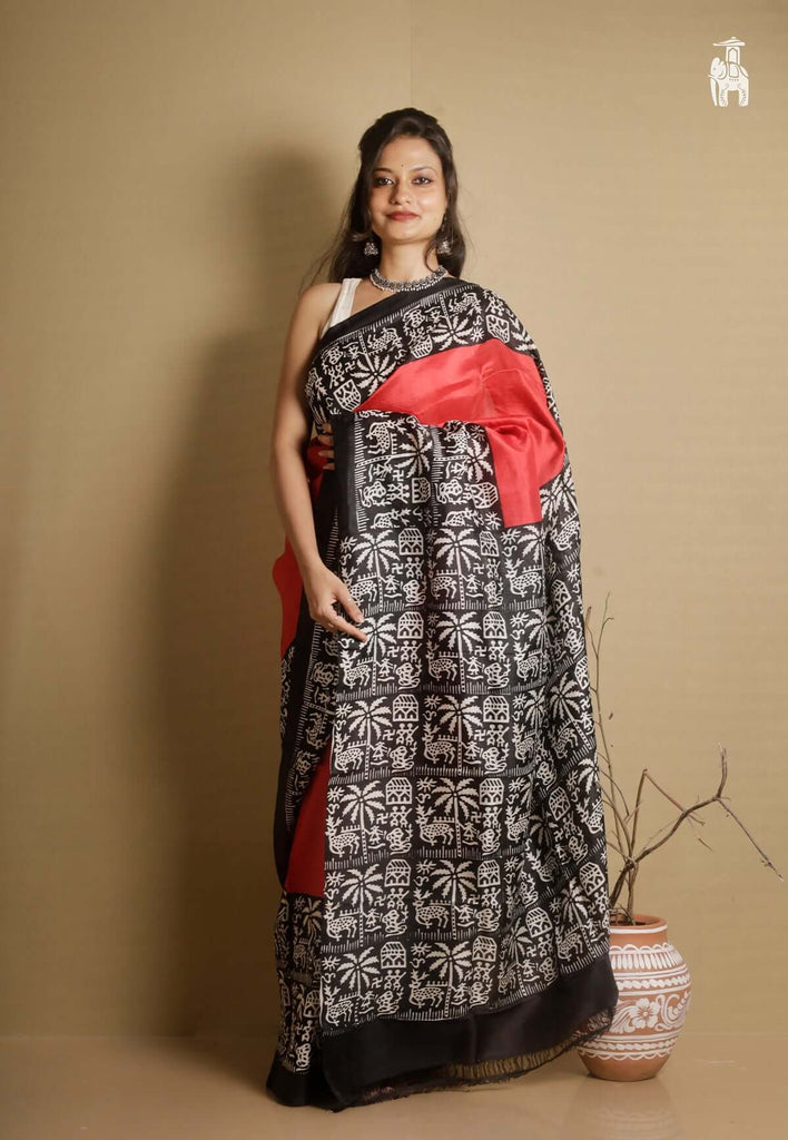 Red & Black Printed Pure Silk Saree