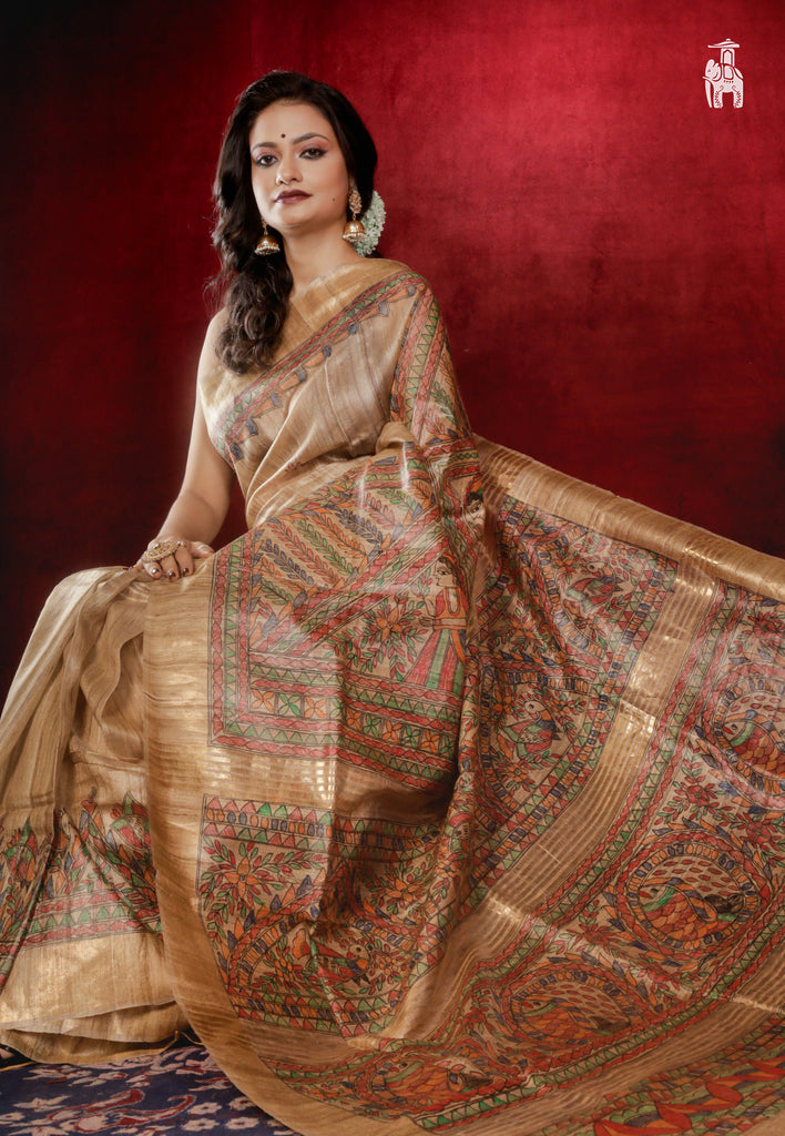 Sand Brown Madhubani Print Pure Silk Saree