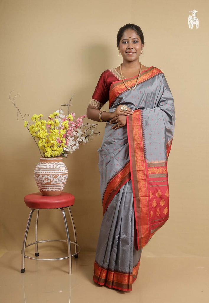 Slate Grey Kanjivaram Silk Saree with Red Border
