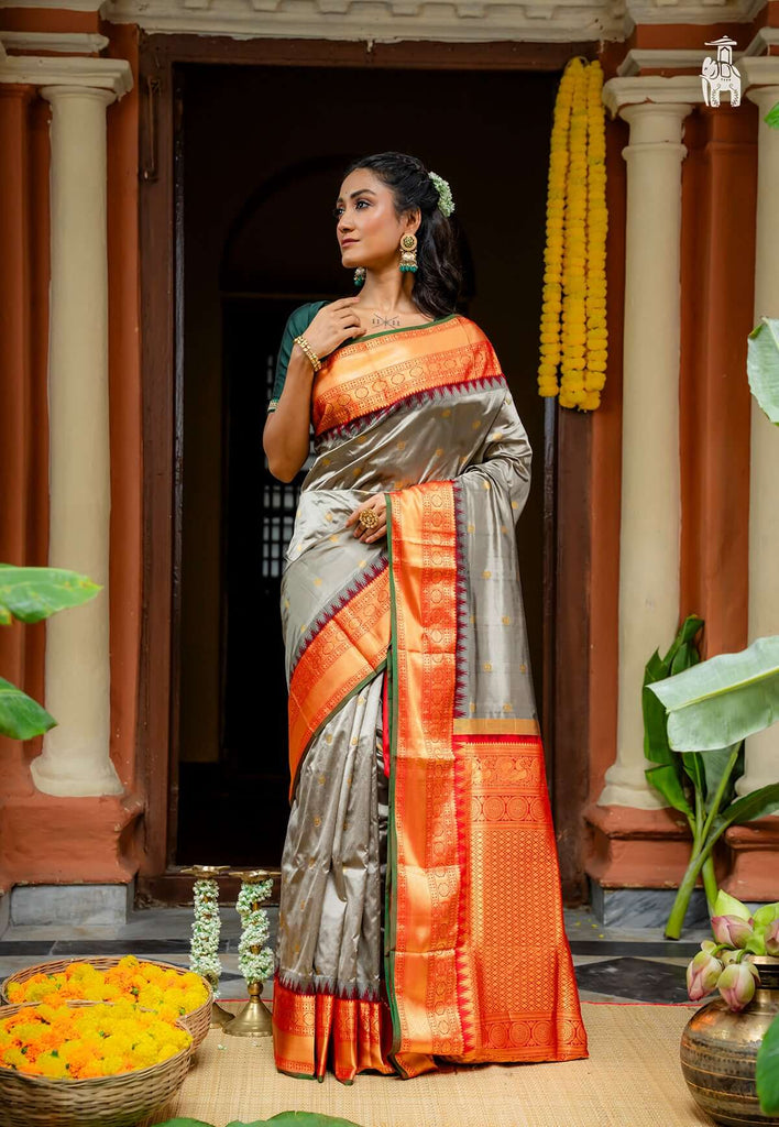 Slate Grey Pure Kanjivaram Silk Saree with Red Border
