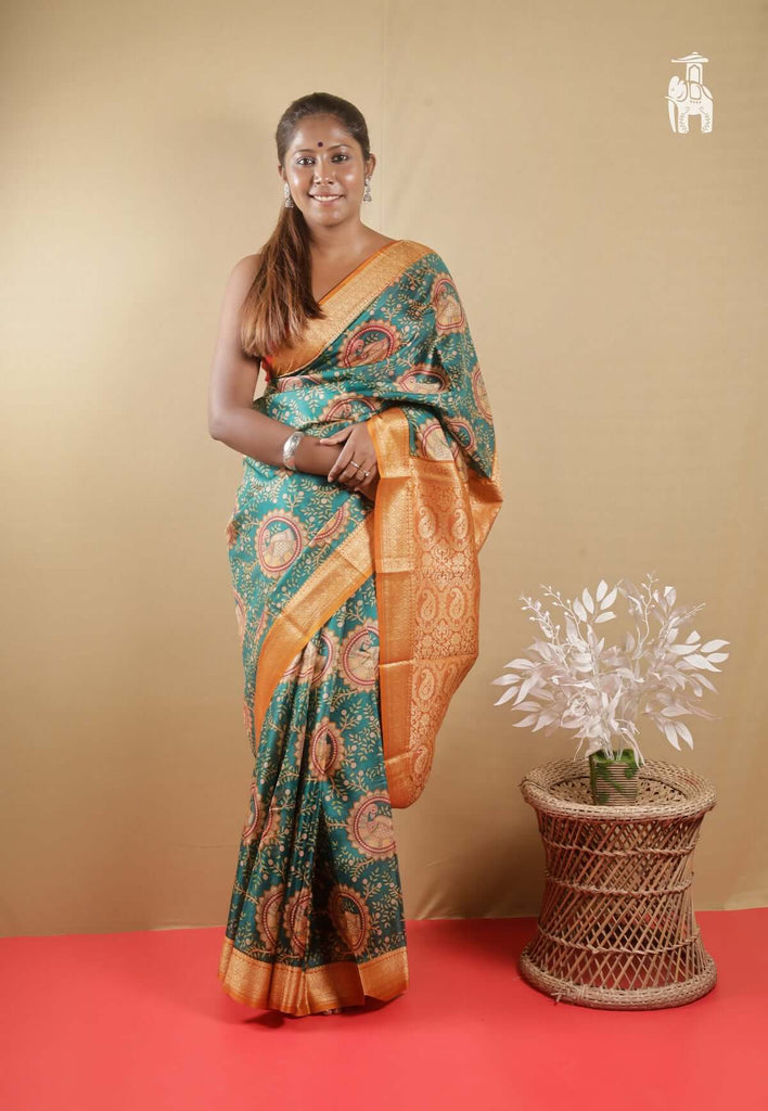 Teal Green Printed Pure Silk Saree