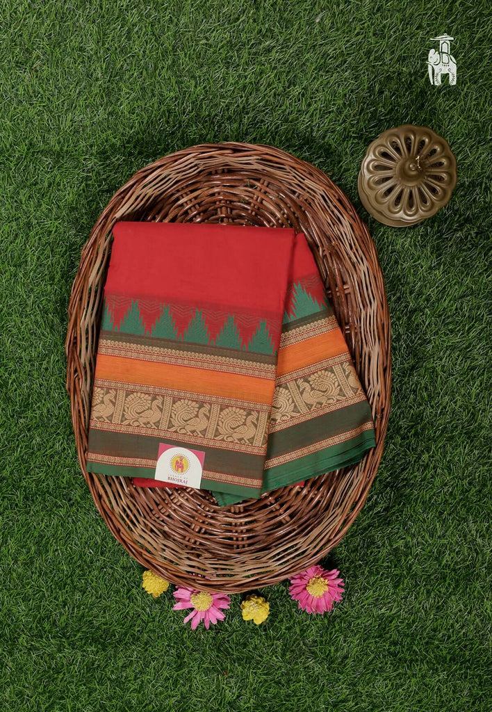 Tomato Red Cotton Kanjivaram Saree
