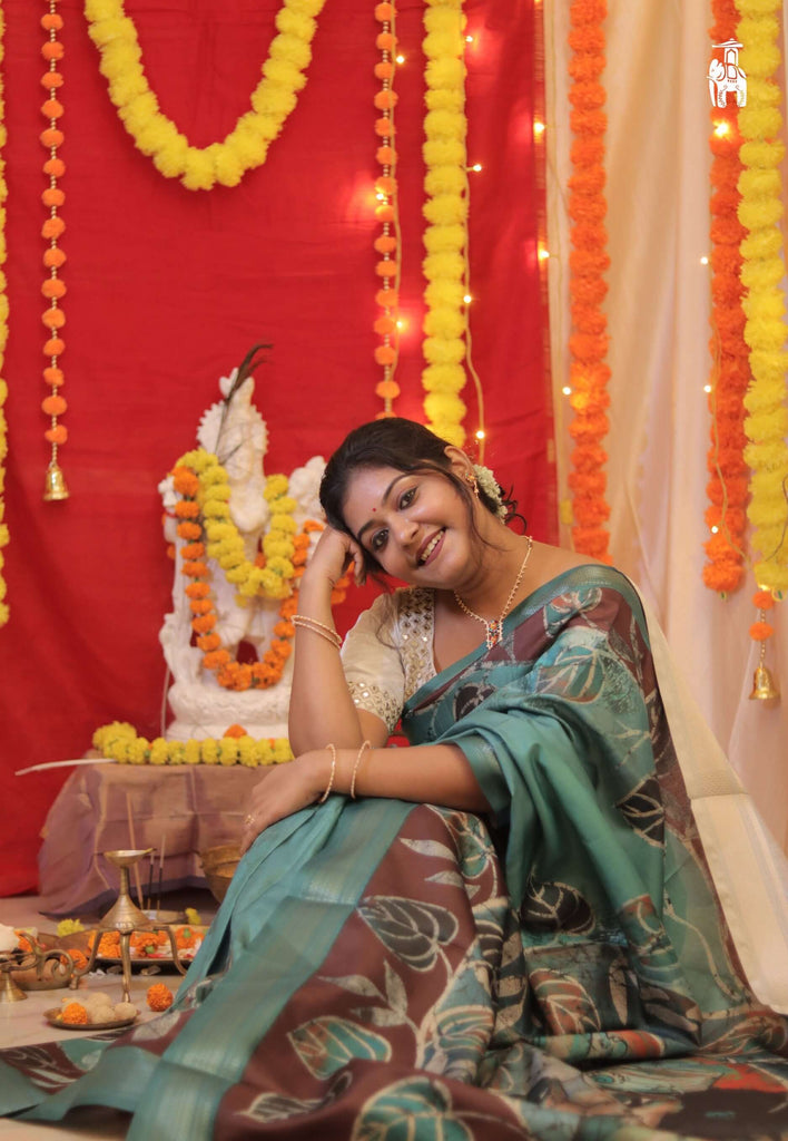Peacock Green Bhagalpuri Tussar Saree