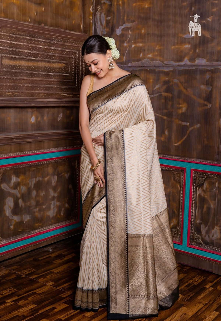 White Black Organza Silk Saree