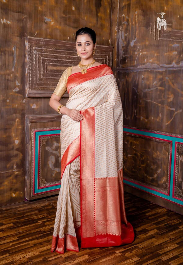 White Red Organza Silk Saree