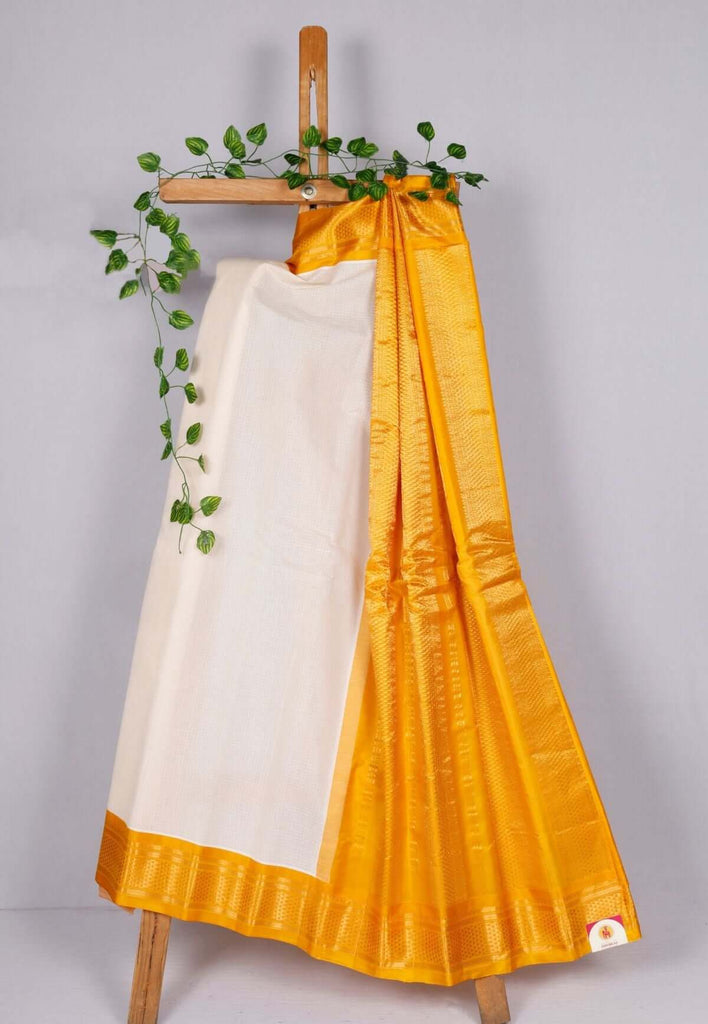 White Cotton Gadwal Saree with Yellow Border