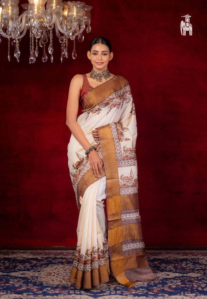 White Tussar Silk Saree With Zari Border
