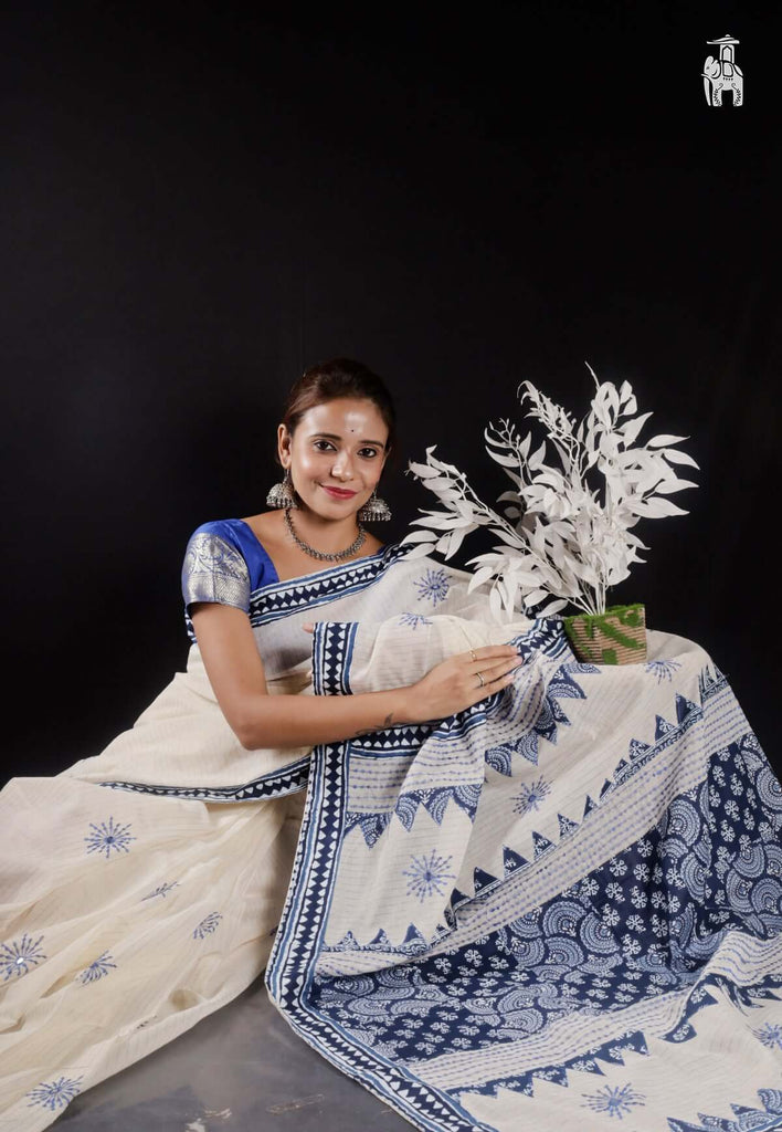 White Applique Work Saree with Blue Border