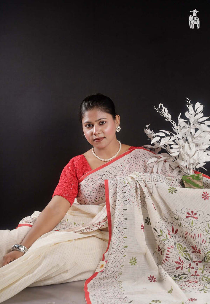 White Applique Work Saree with Flower Work