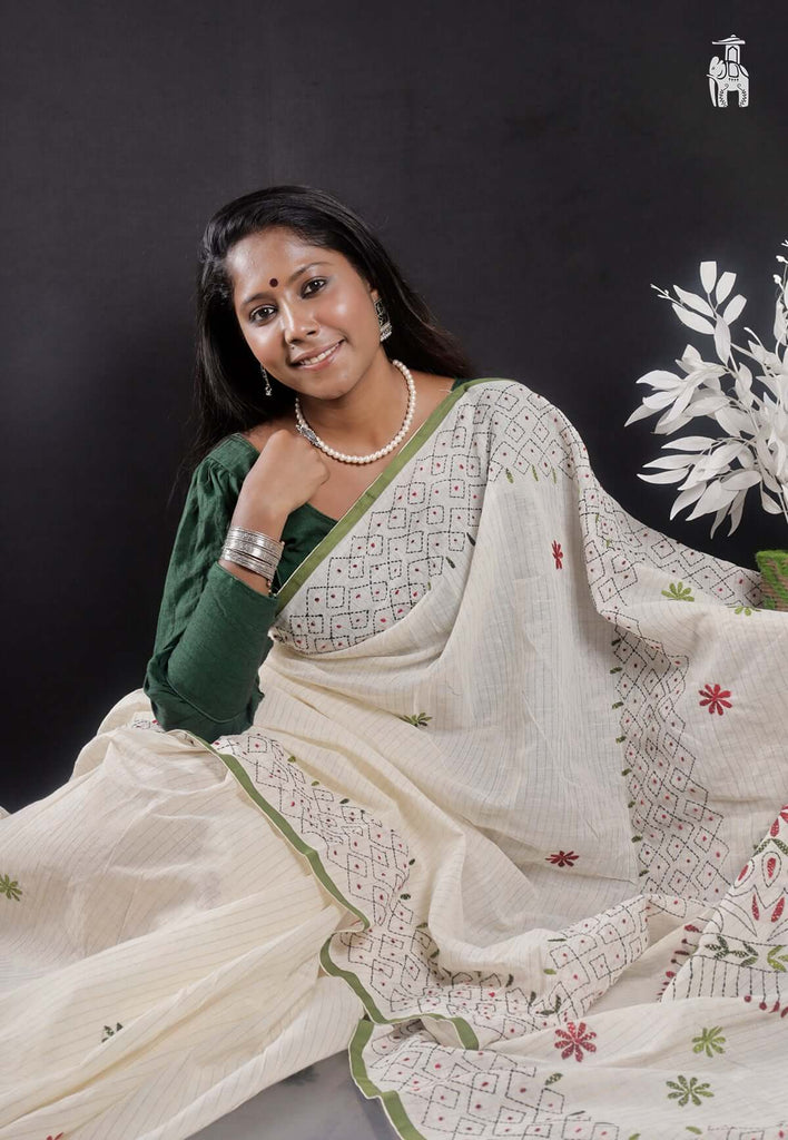 White Applique Work Saree with Green Border