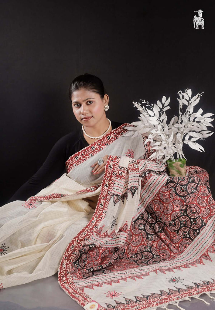 White Applique Work Saree with Red & Black Border