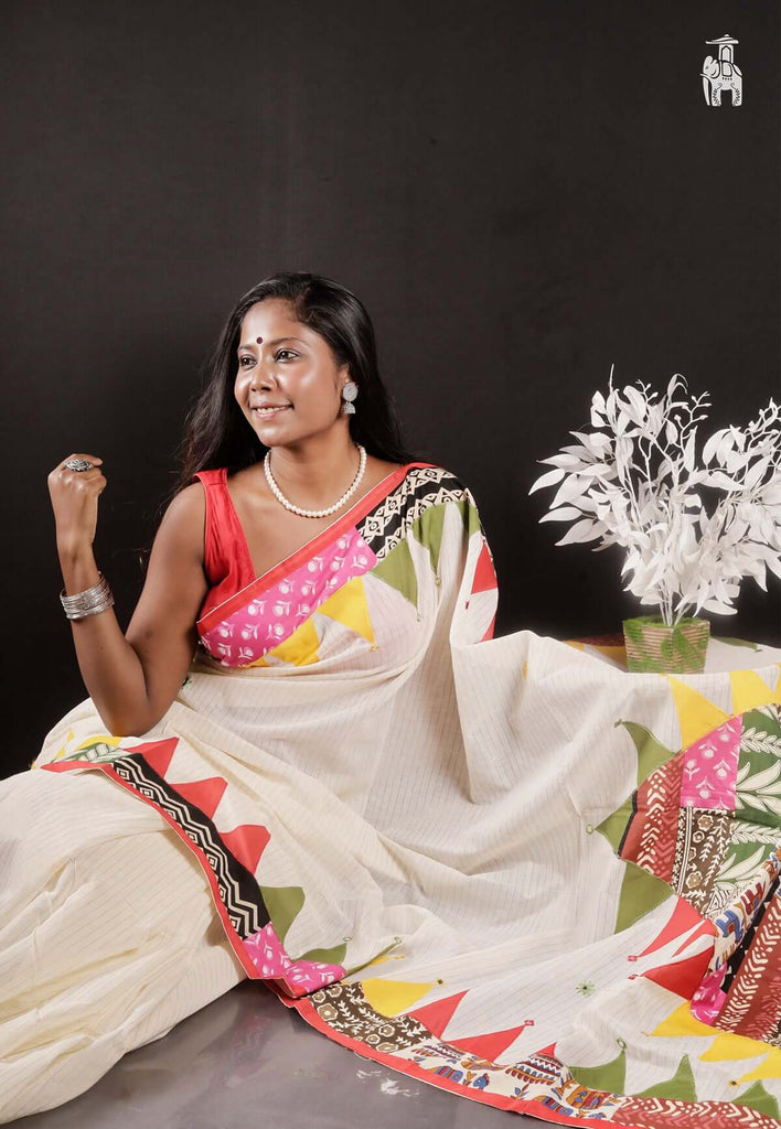 White Applique Works Saree