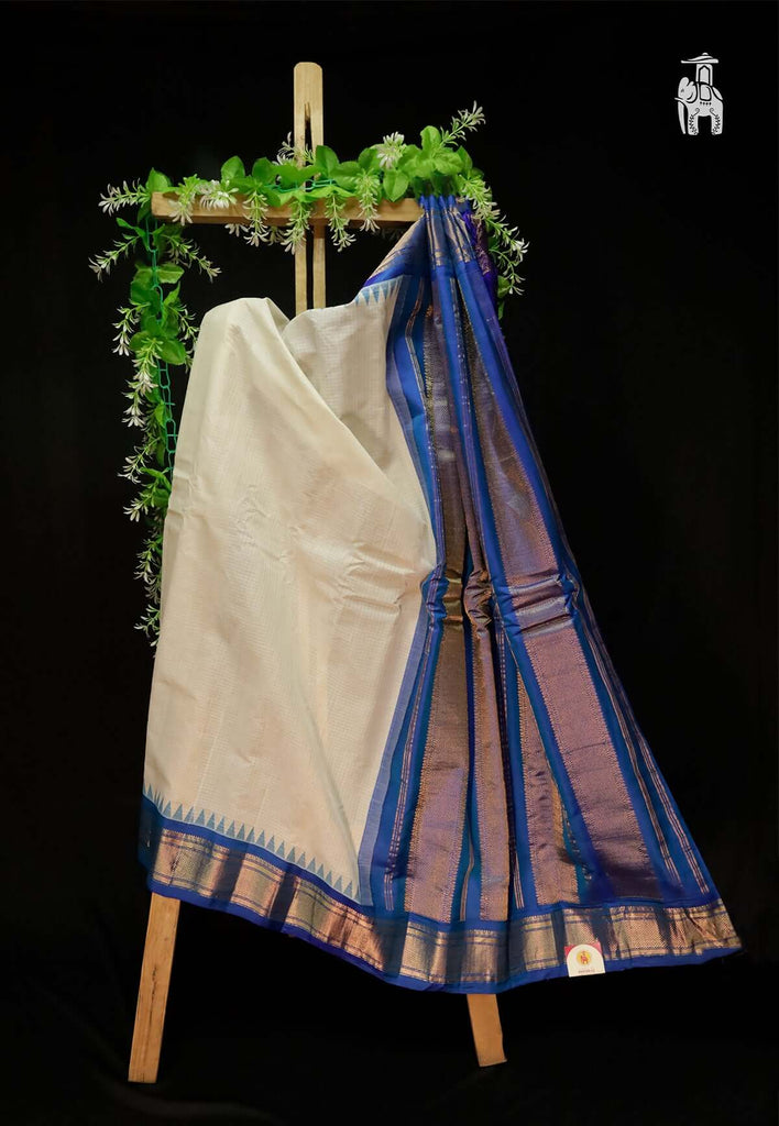 White Gadwal Sico Saree with Blue Border