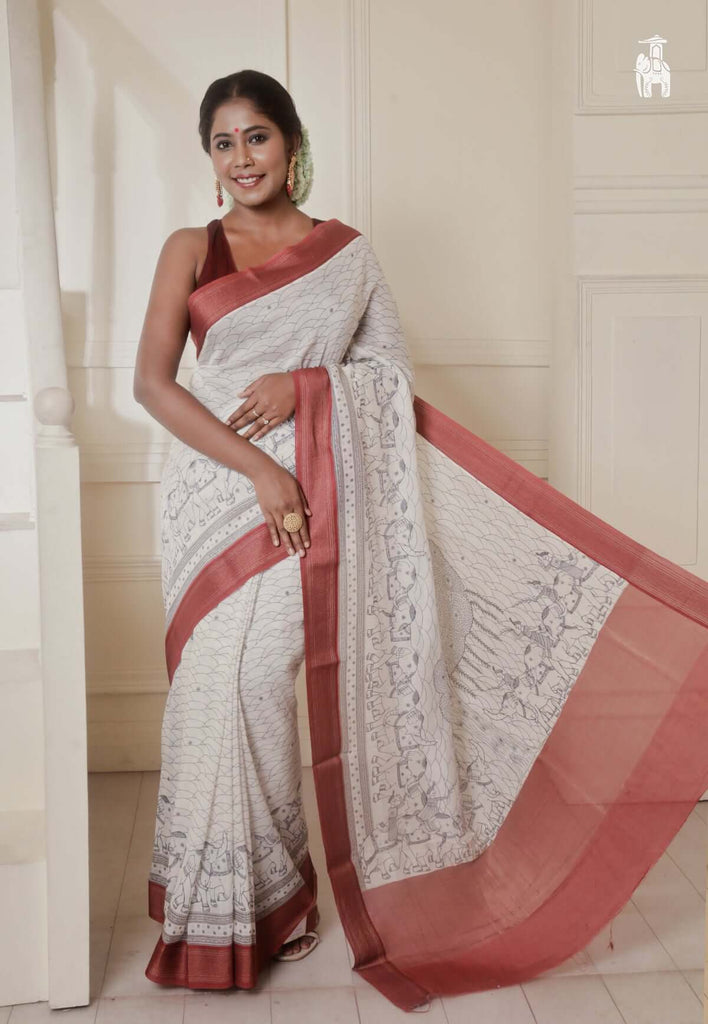 White Linen Tussar Saree