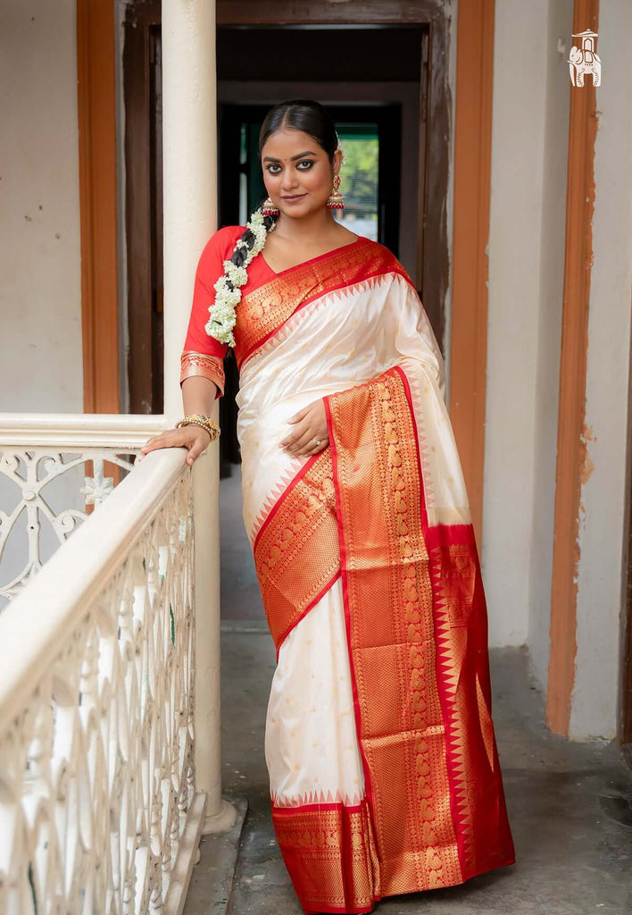 White Pure Kanjivaram Silk Saree with Red Border