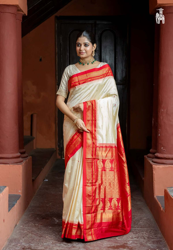 White Pure Kanjivaram Silk Saree with Red Border