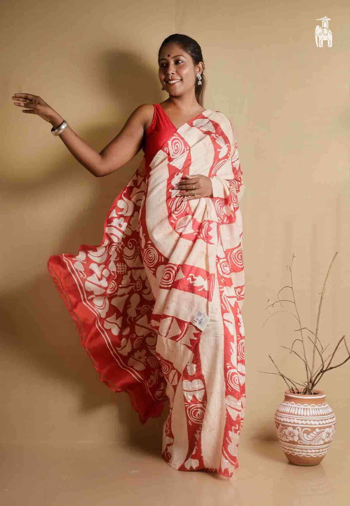 White & Red Printed Pure Silk Saree