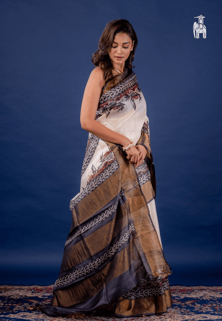 White Tussar Silk Saree with Zari Border