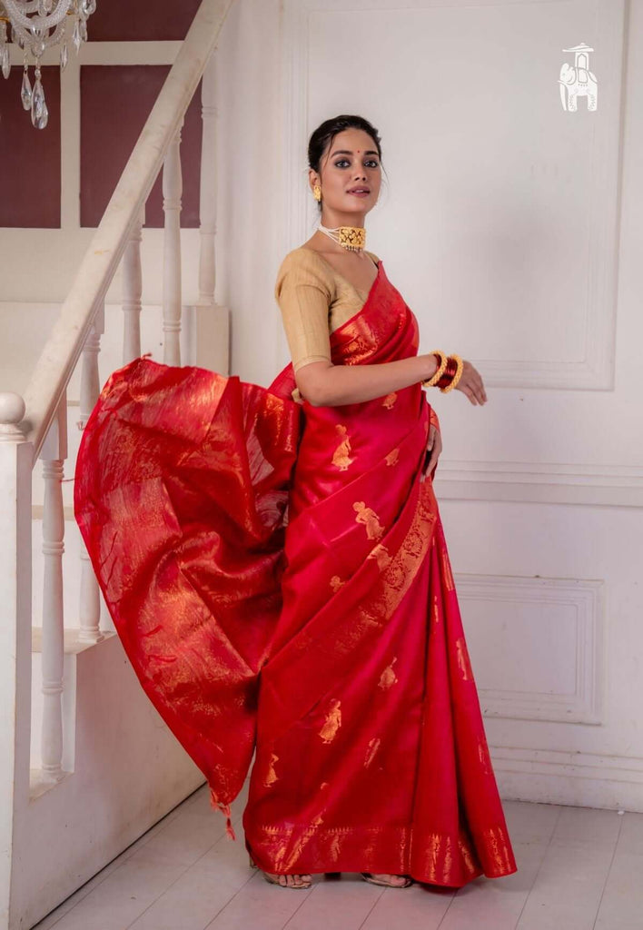 Apple red tussar silk baluchari saree