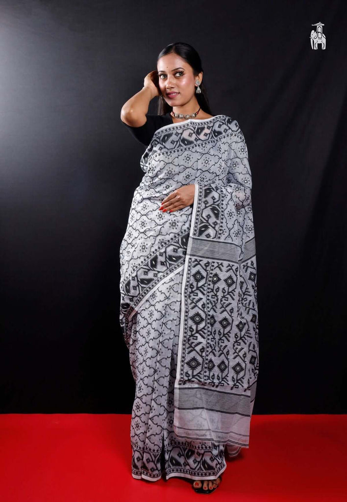 Black & White Dhakai Jamdani Saree