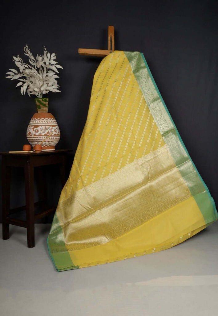 Bright Yellow Chanderi Saree for saraswati puja