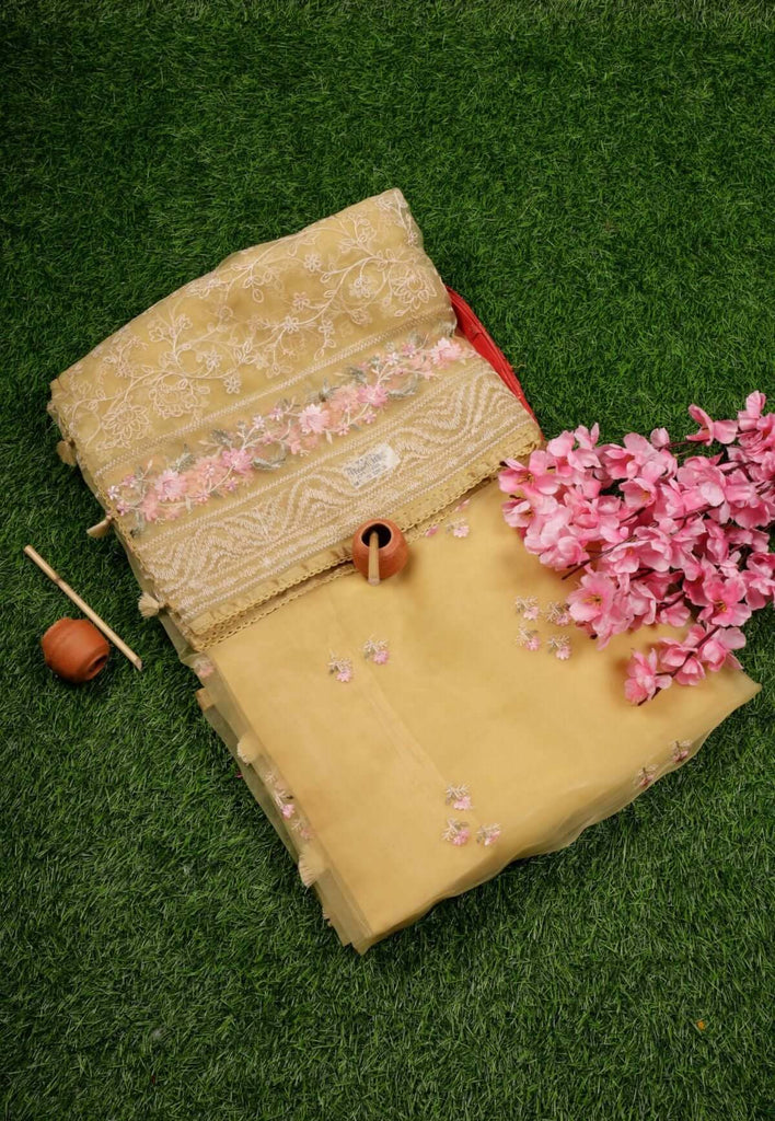 Butter Yellow Organza Saree For Saraswati Puja