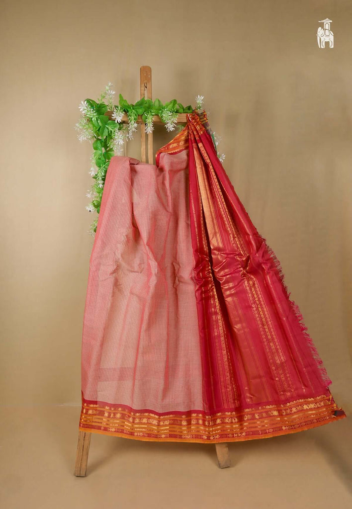 Coral Pink Cotton Gadwal Saree