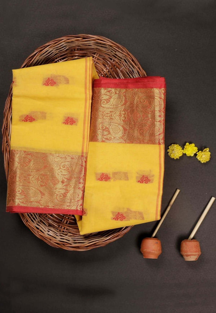 Dark yellow tant saree for saraswati puja