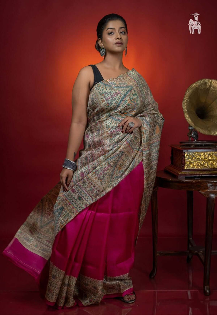 Fuschia Pink Madhubani Print Saree