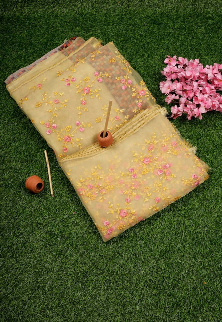 Honey Yellow Organza Saree for saraswati puja