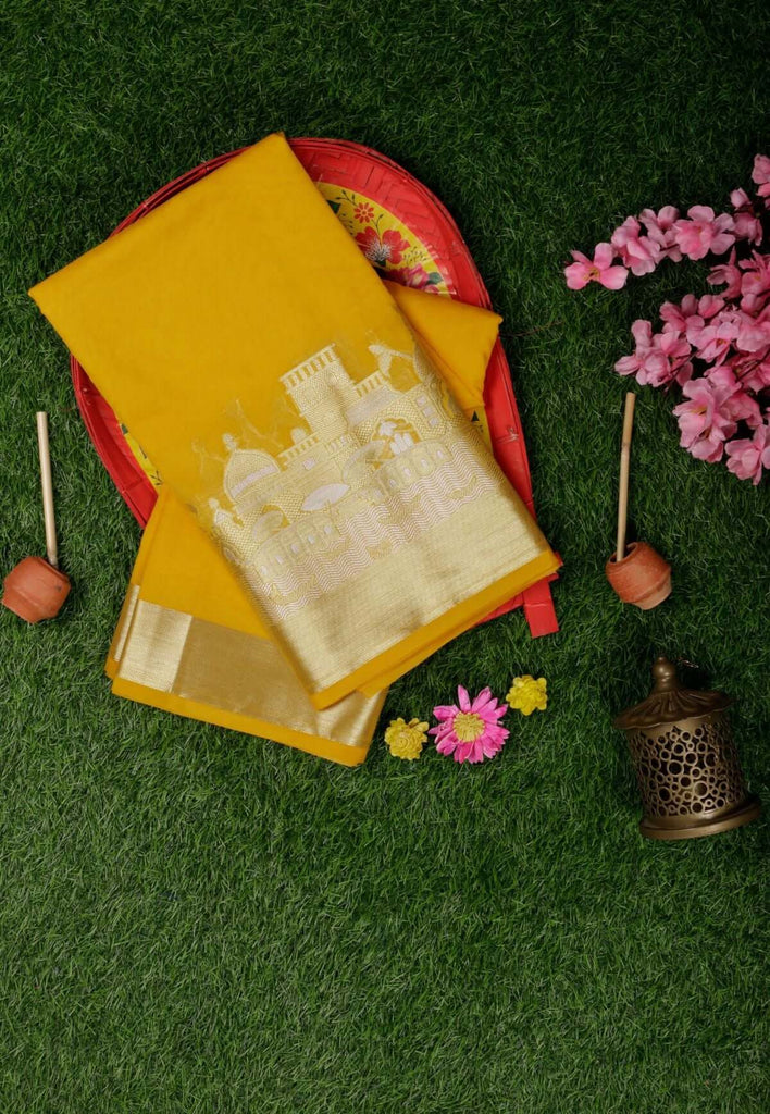 Kasturi Yellow Chanderi Saree for saraswati puja