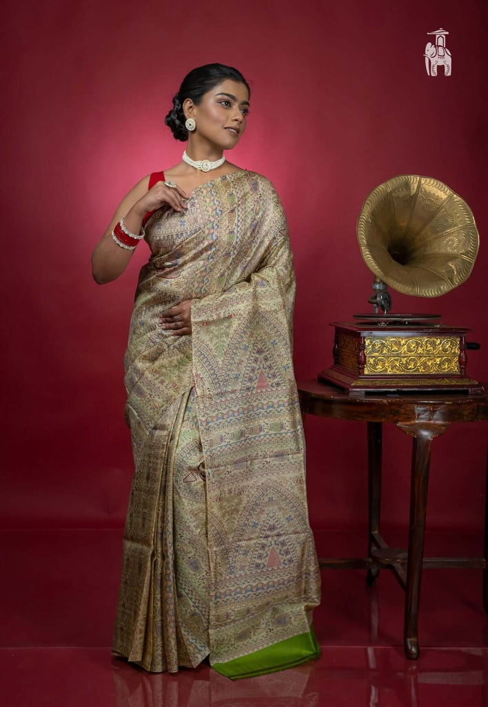 Lemon Green Madhubani Print Saree
