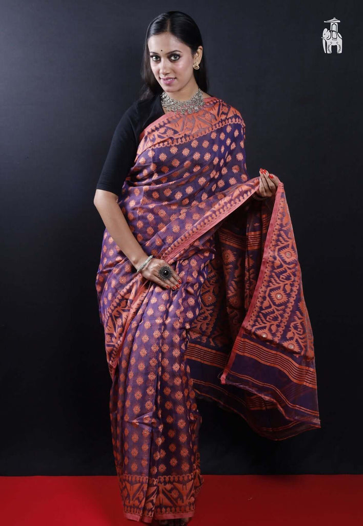 Pigeon Blue Dhakai Jamdani Saree