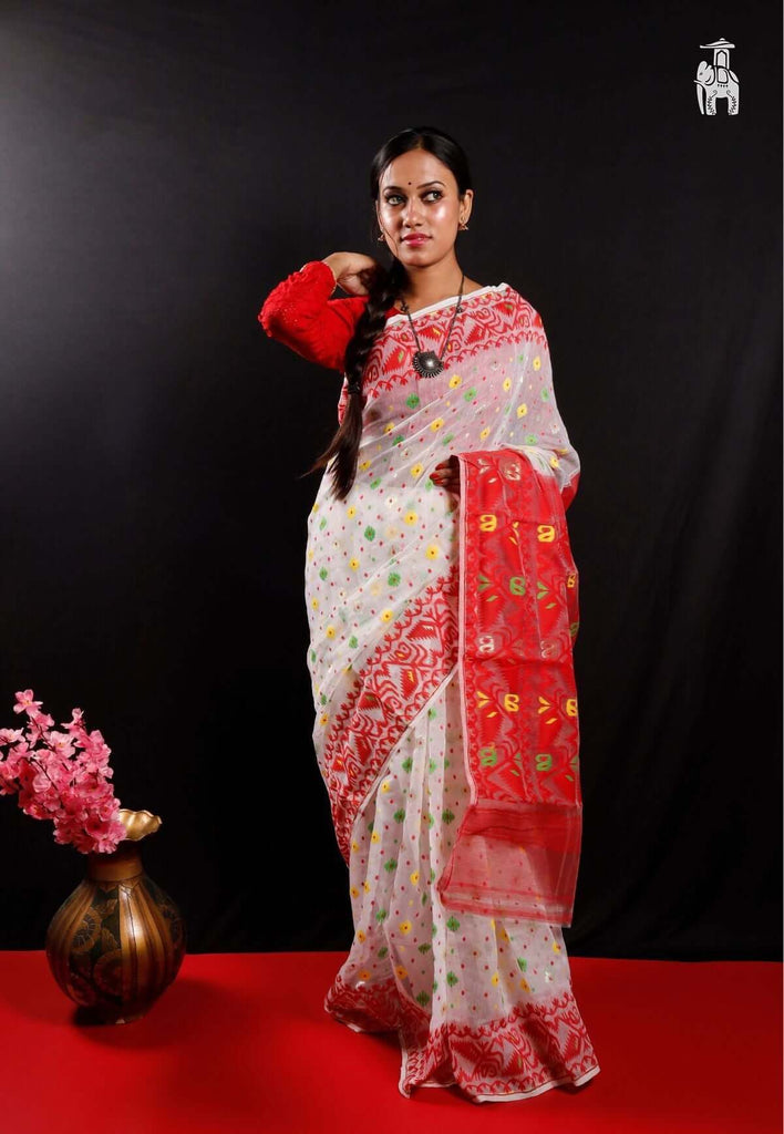 Red & White Dhakai Jamdani Saree