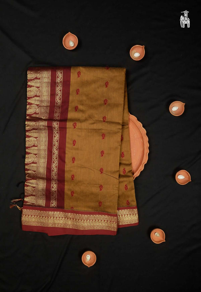 Rust Yellow Mercerised Cotton Gadwal Saree