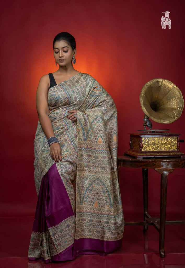 Wine Madhubani Print Saree